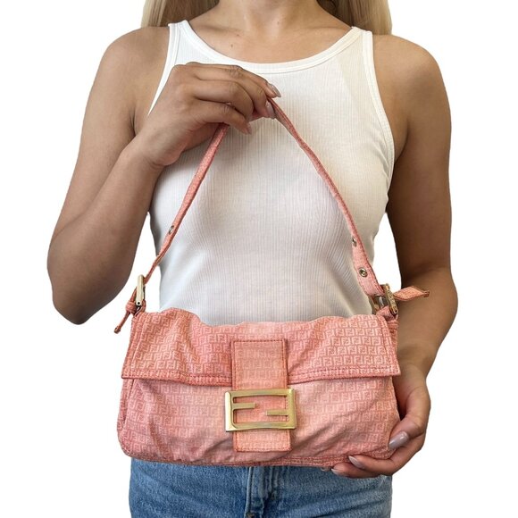 FENDI Vintage Zucchino Monogram Mamma Baguette Shoulder Bag Orange Pink [106017] - Picture 2 of 14